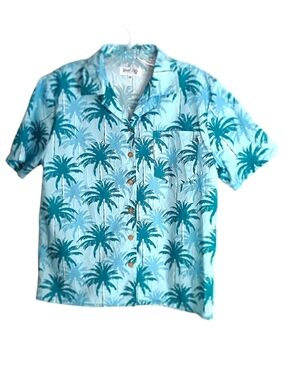 Island State -Palm-Print Button Down Shirt- Light Blue/Teal M